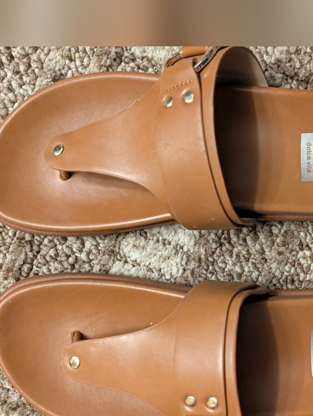 Dolce Vita Cognac Brown Leather Toe-Post Slide Sandals